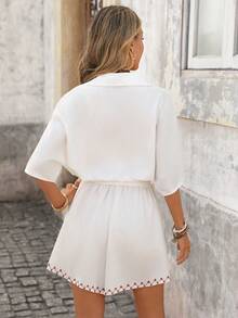 Brillora Bộ áo liền quần tay ngắn phối màu tương phản dành cho nữ, kiểu dáng thường ngày. - trắng - Xem 2