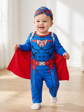 SHEIN Perso Play Babypojkar tecknat mecha-tryck långärmad t-shirt och byxor med kappa, lämplig för fest, cosplay, helgdagar, höst/vinter 12 månader pojkekläder klädsel barnlek klädsel babypojke kostym superhjälte kostym för baby