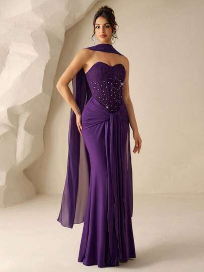 Coutiva Elegant Women's Formal Contrast Lace Dress With Crystal Decor, Bow Tie And Flowing Ribbons, Luxury Evening Gown