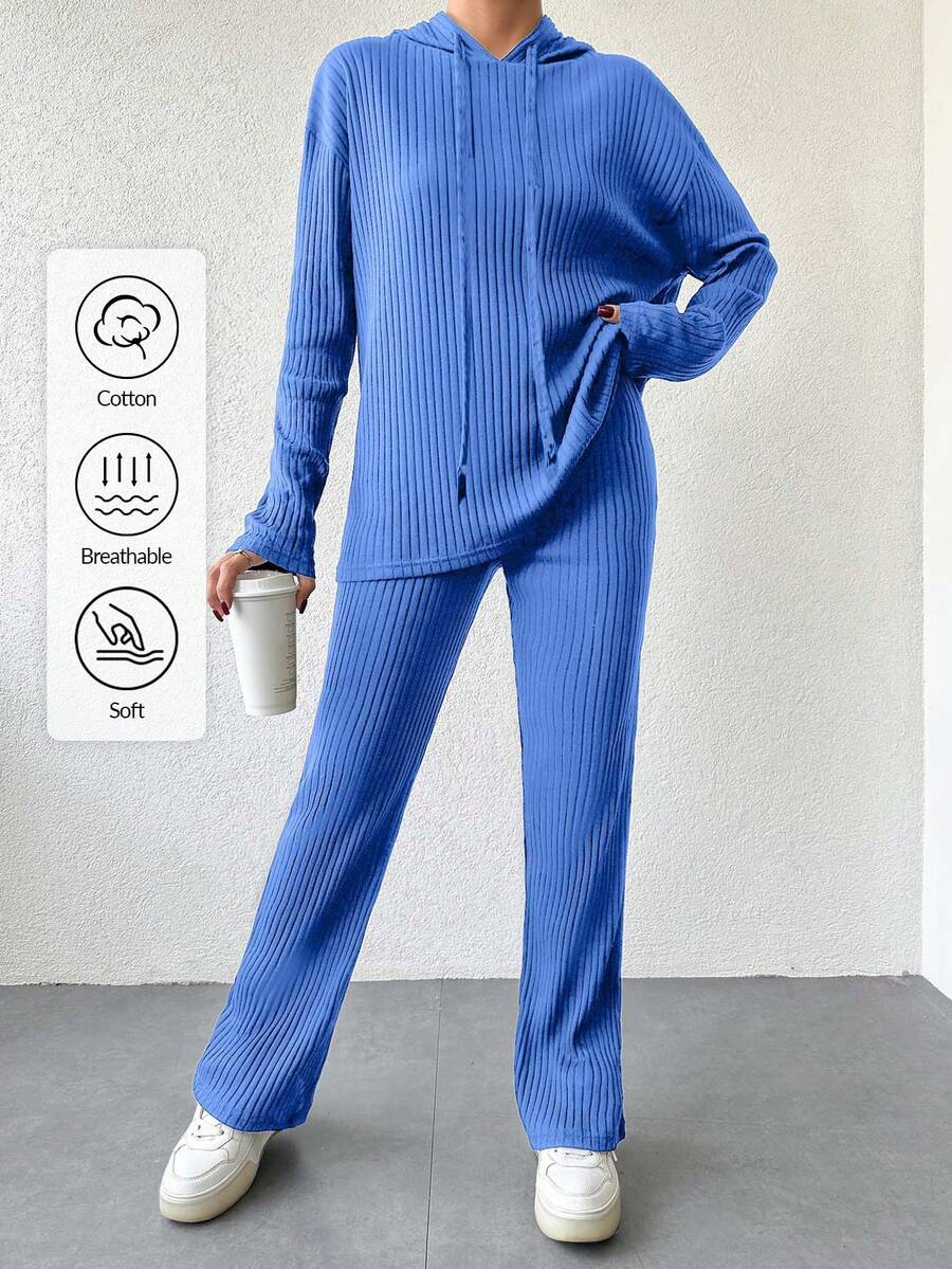 EURMUSE Cotton Women's Drawstring Hooded T-Shirt And Pants Set - Dusty Blue - View 1