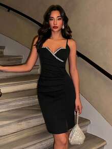 EURMUSE Elegant Sequin Decor Slim Fit Camisole Dress, Summer - Black - View 6