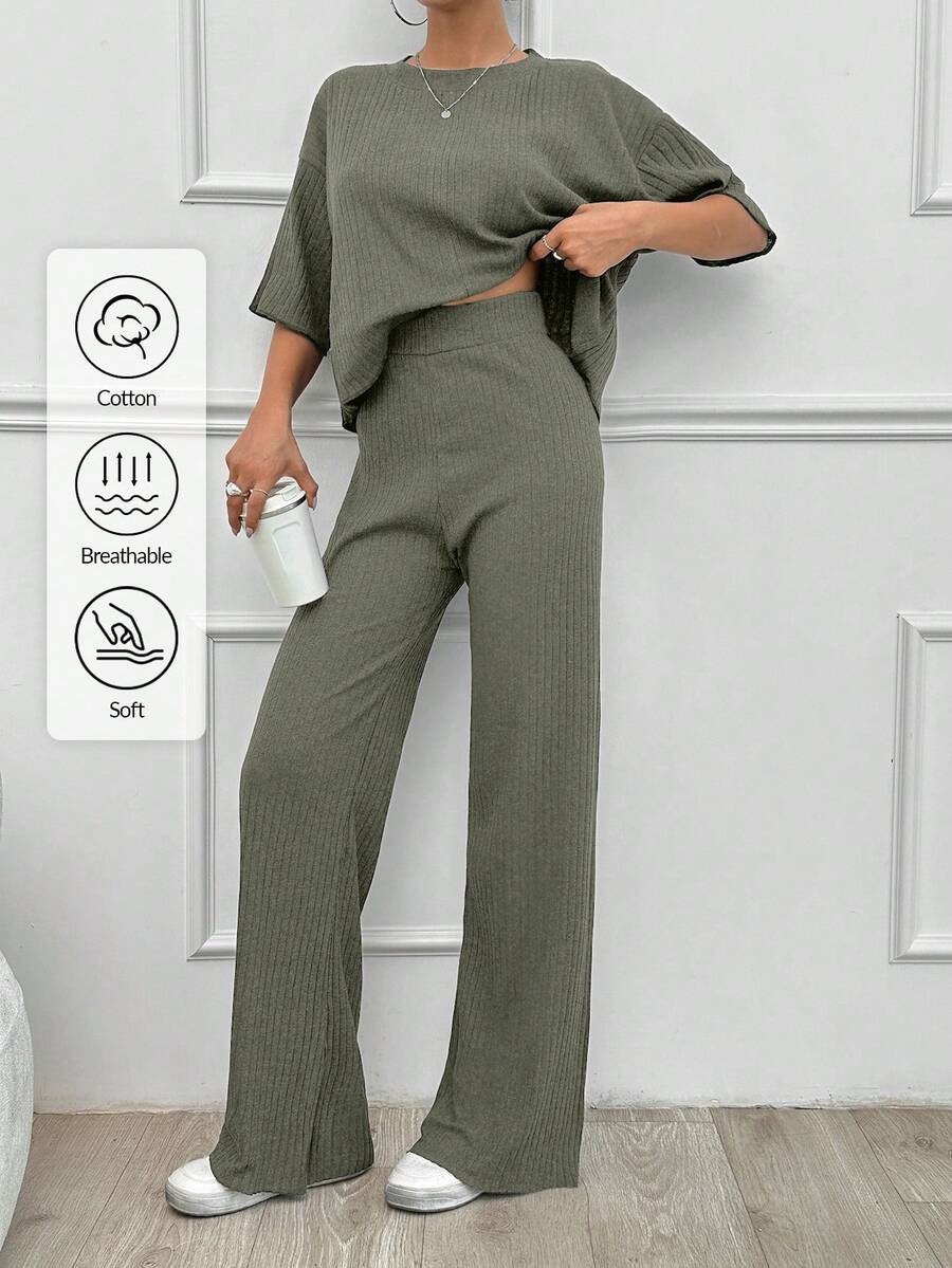SHEIN Tall Cotton Simple Summer Solid Loose Drop Shoulder Short Sleeve Top And Straight Pants - Army Green - View 1