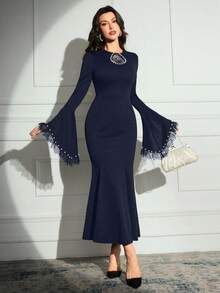 Modelyn Women's Round Neck Long Sleeve Lace Patchwork Fitted Long Black Formal Elegant Dress Long Evening Dresses - Navy Blue - View 6