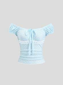 Sweetra 波点娃娃领针织印花波点蝴蝶结休闲修身罗纹边T恤，甜美可爱，春夏款 - 藍色 - 查看 7