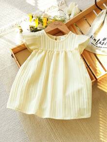 SHEIN Vintaside Kids 女嬰幼兒/新生兒 0-3 歲休閒可愛甜美荷葉袖洋裝，適合春夏季日常穿著 - 粉色 - 查看 4