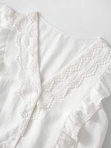 SHEIN LUNE CURVE 大码法式优雅蕾丝边短袖衬衫，休闲、通勤、度假、春夏皆宜 - 白色 - 查看 7