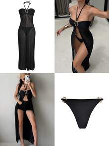 Swim SXY 2pcs Solid Color Mesh Patchwork Strapless Triangle Bikini Swimwear Set, Fashionable & Elegant - Black - View 2