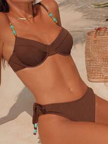 Swim Chiccia Conjunto de 2 peças com Sutiã de Aço de Cor Sólida e Calcinha Triângulo com Alça Fina e Decoração de Pérola