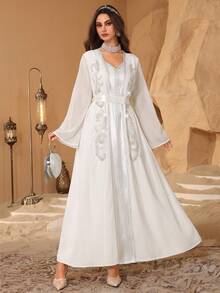 Al Najma Elegant Satin Solid Color Ribbon Decor Faux Pearl Embroidery Waist Belt Kaftan Dress For Party Formal White Dress White Modest Dress Modest Full Length Jalabiya Kaftan For Evening Party - White - View 5