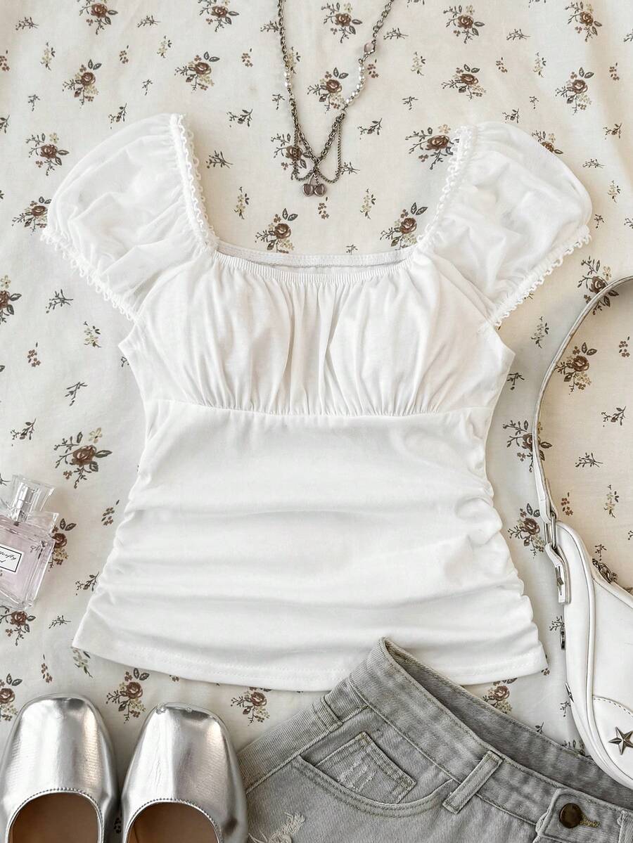 SHEIN Tween Girl 休闲法式优雅蕾丝花边褶皱短袖修身方领泡泡袖返校 T 恤，白色方领上衣 - 白色 - 查看 1