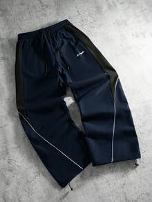 PAVTROS 男士休闲拼色抽绳直筒裤，宽松长款拼接黑色直筒运动裤，秋季 - 藏蓝色 - 查看 3