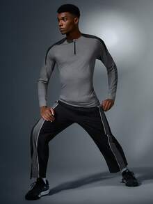 GymBeat Men's Contrast Color Patchwork Long Sleeve Slim Fit Athletic T-Shirt Compression Shirt Men - Grey - View 4