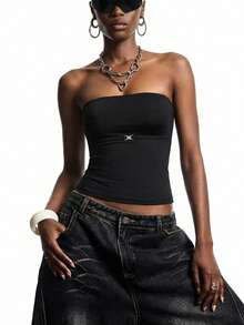 LYSMO Women's Summer Strapless Backless Crop Black Tops