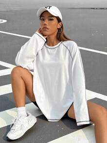 SHEIN EZwear Top-stitching Raglan Sleeve Tee - White - View 5