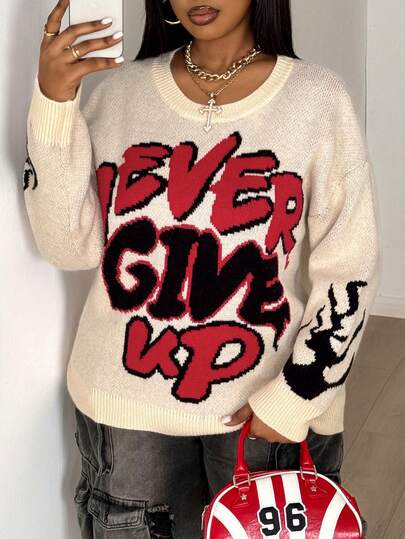 Maweii Plus Size Women Slogan Jacquard Knit Pullover Sweater