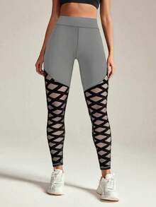 Slayform 女士几何网眼拼接高腰日常健身紧身裤 - 灰色 - 查看 3