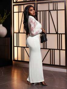 BamGleam 女士优雅性感薄纱蕾丝拼接连衣裙 - 白色 - 查看 6