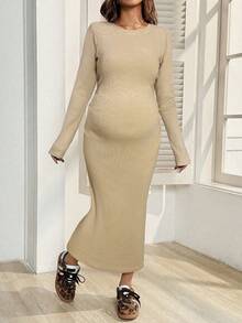 SHEIN Maternity Solid Color Round Neck Long Sleeve Ruched Fitted Casual Dress - Khaki - View 4