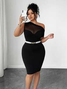Elenzga Gaun Bodycon Seksi Wanita Ukuran Plus dengan Kerah Asimetris dan Patchwork Jala - Hitam - View 9
