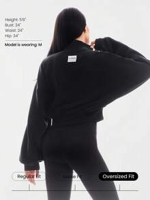 GLOWMODE Modal Soft Warm Curved Bubble Hem Waist Length Oversized Ribbed Cuffs High Neck Pullover Sweatshirt Daily - Black - View 2