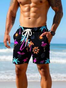 Manfinity VDAYZ Męskie szorty plażowe z nadrukiem palm i ściągaczem w pasie