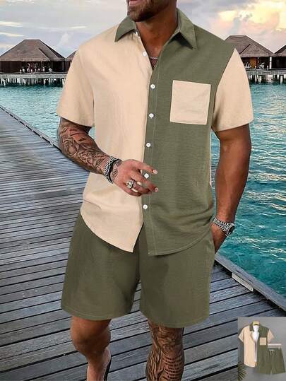 Horizaway 男士撞色短袖衬衫和短裤休闲套装