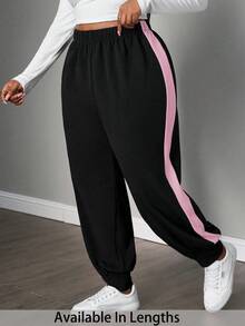 SHEIN PETITE CURVE Quần nỉ có đường may bên hông tương phản, tốt nghiệp, trang phục trở lại trường, tốt nghiệp, trang phục giáo viên dành cho nữ, trở lại trường - Hồng - Xem 1