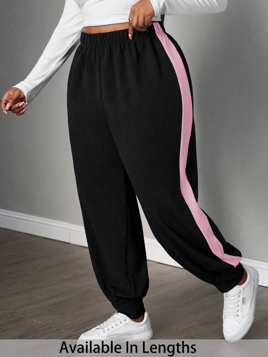 SHEIN PETITE CURVE Quần nỉ có đường may bên hông tương phản, tốt nghiệp, trang phục trở lại trường, tốt nghiệp, trang phục giáo viên dành cho nữ, trở lại trường - Hồng - Xem 1