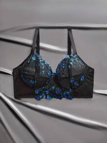 EmpressEnvy Plus Size Thin Blue Floral Embroidery Supportive Sexy Lingerie - Blue - View 2