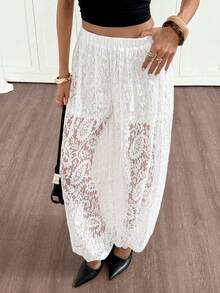 Siren Gaze Women's Fashion Lace See-Through Elastic Waist Pants, Suitable For Vacation - White - View 1
