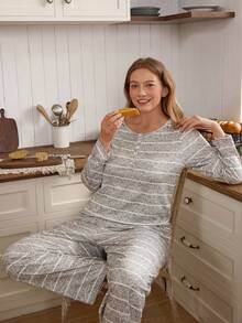 Doze Lane Plus Size American Casual Striped Crew Neck Long Sleeve Top And Straight Leg Pants Women Pajama Set Long Sleeve Pj Set Knit Pajama Set Women Lounge Set Long Sleeve Lounge Set Women's Lounge Set - Grey - View 3