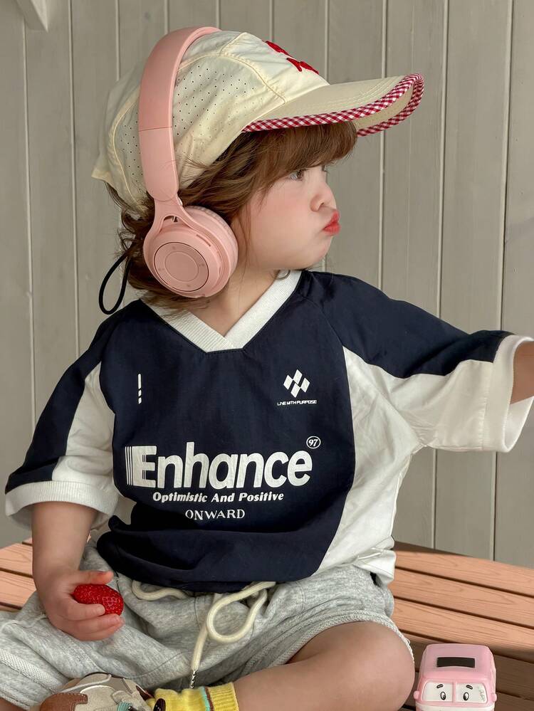 Toddler Girls' V-Neck Contrast Color Casual Street Style Short Sleeve T-Shirt