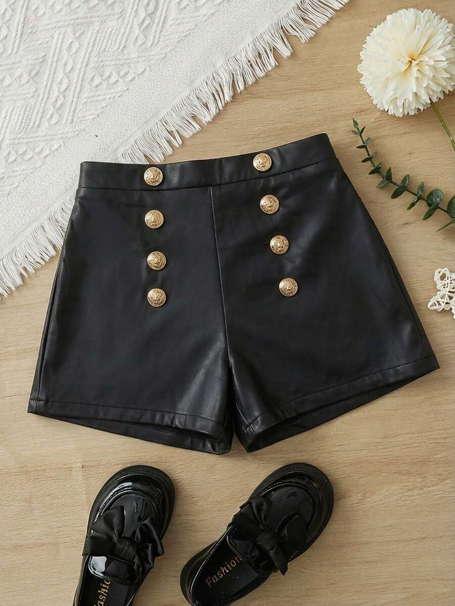 SHEIN Tween Girl Fashionable Elegant Woven Plaid Metal Decor Button Shorts Summer - Black - View 1
