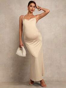 MaterniChic Elegant Champagne Summer Maternity Dress For Party,Pregnant Women Apricot-Colored High Elasticity Backless Halter Neck Valentines Day Party Dresses - Apricot - View 3