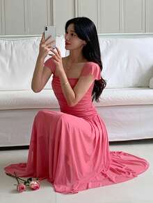 DAZY Women's Spaghetti Strap Bodycon Mesh Vacation Style Mid-Length Dress - Baby Pink - View 6