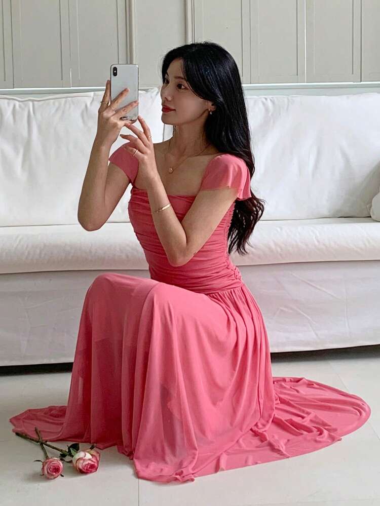 Women's Spaghetti Strap Bodycon Mesh Vacation Style Mid-Length Dress Sundress