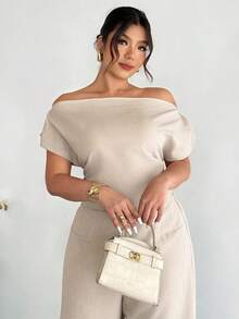 Firerie New Elegant Casual Commuter White Drop Shoulder Blouse & Wide Leg Pants Suit - Apricot - View 6