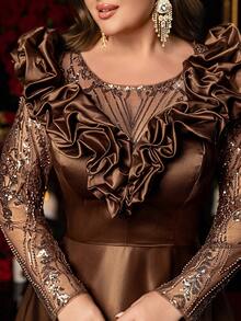 Glamrae Plus Size Elegant Romantic Brown Round Neck Cloud Decor Long Sleeve Sheer Luxury Sequin Patchwork A-Line Wedding Dress, Suitable For Wedding, Party, Celebration, Formal Events, Gala Dinner (Heavily Embellished Design)