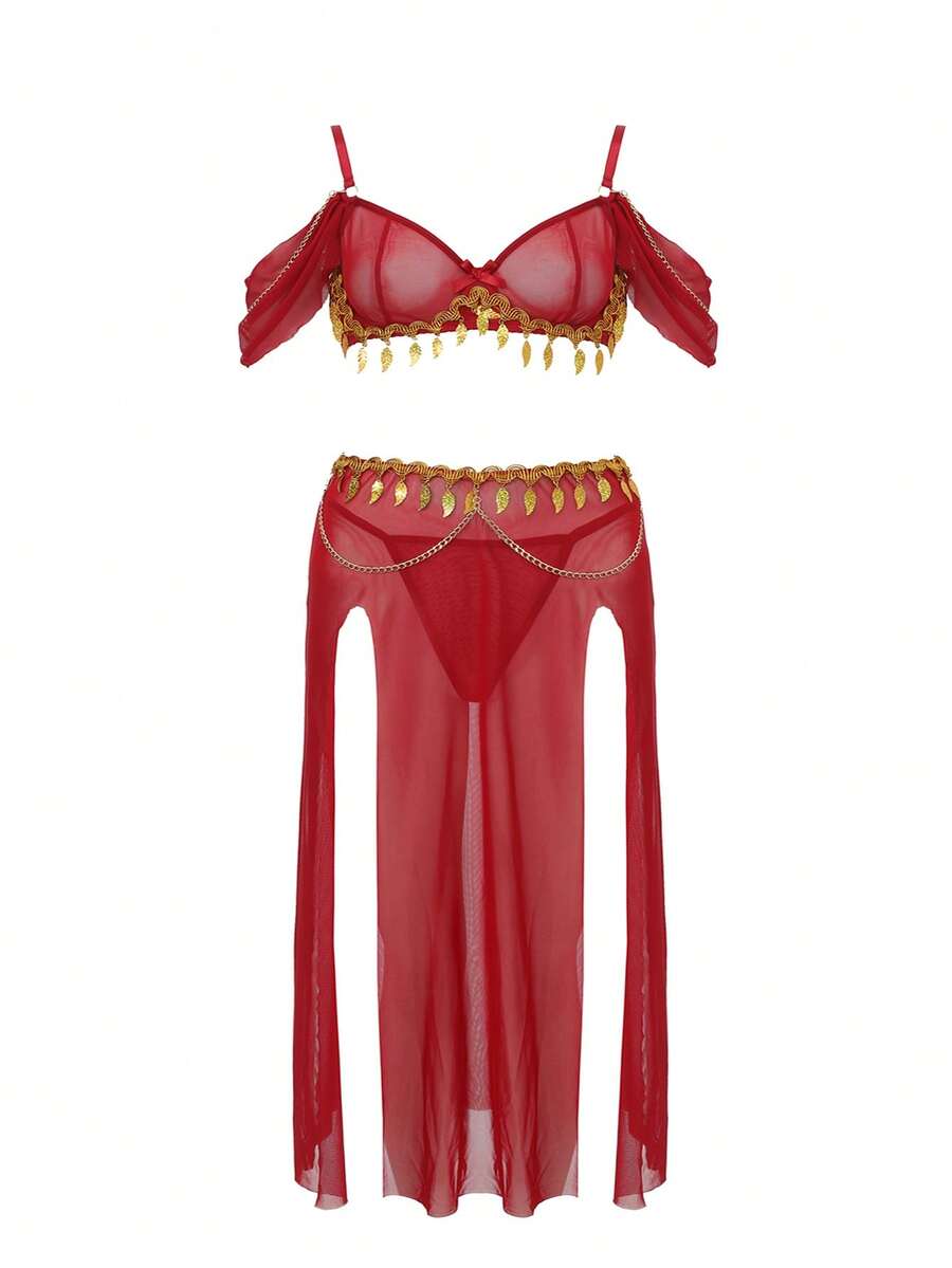 Fantasy Costume Conjunto de lencería sexy de talla grande para el Día de San Valentín, conjunto de 3 piezas con falda con abertura, decoración de flecos y cadena de malla