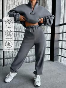 EURMUSE Cotton Letter Patched Drop Shoulder Half Zip Sweatshirt & Sweatpants - Dark Grey - View 1