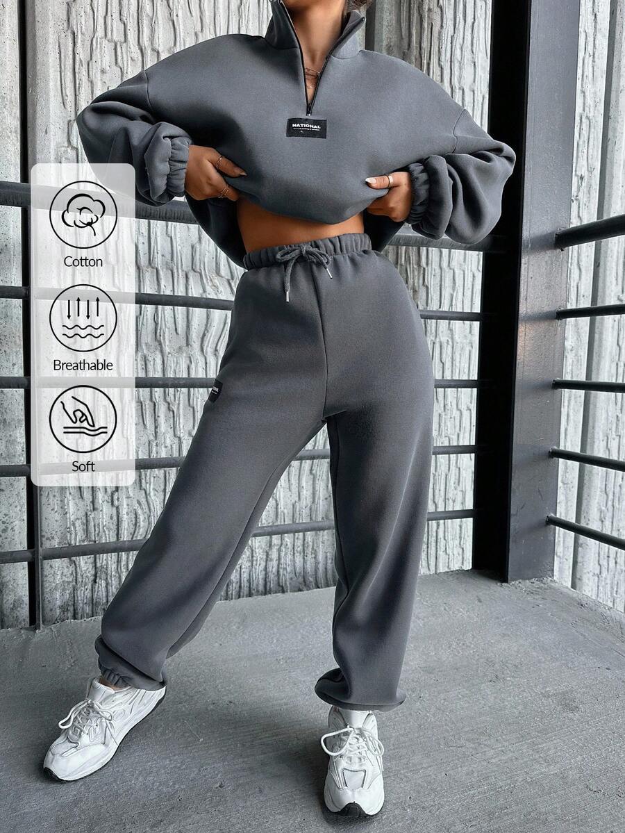 EURMUSE Cotton Letter Patched Drop Shoulder Half Zip Sweatshirt & Sweatpants - Dark Grey - View 1