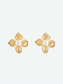 Opalesca 1 Pair Fashionable & Elegant Flower Shaped Pearl Inlaid Earrings For Women,Outfits,Old Money,Wedding/Bridal Accessories,Western Jewelry,Fairycore/Fairy,Pearl,Fall/Autumn/Winter,For Mom/Women/Girl/Mother,Elegant - Gold - View 1
