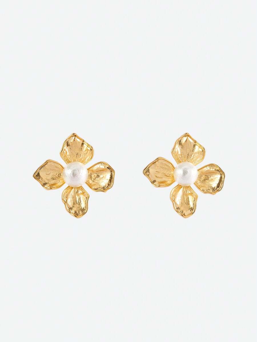Opalesca 1 Pair Fashionable & Elegant Flower Shaped Pearl Inlaid Earrings For Women,Outfits,Old Money,Wedding/Bridal Accessories,Western Jewelry,Fairycore/Fairy,Pearl,Fall/Autumn/Winter,For Mom/Women/Girl/Mother,Elegant - Gold - View 1