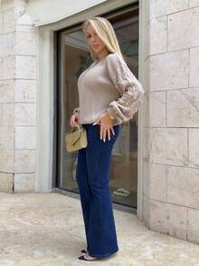 Cioccolato Solid Color Round Neck Pearl Decor Elegant Long Sleeve Pullover Sweater,Long Sleeve Tops In Fall/Winter - Khaki - View 4