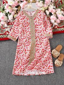 SHEIN Girls Multicolor Floral Print Long Flared Tunic Dress,V Neck Long Sleeves Tape Details Casual Style White,Autumn,Matching,Family Vacation,Holiday - Multicolor - View 1