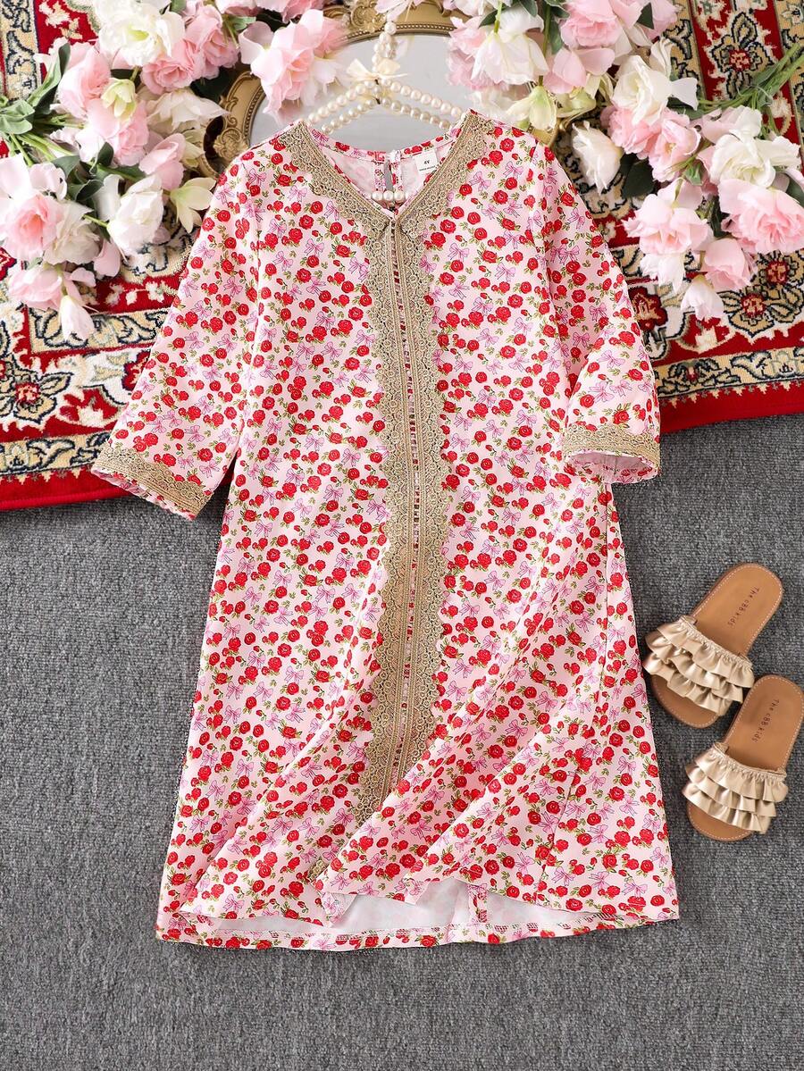 SHEIN Girls Multicolor Floral Print Long Flared Tunic Dress,V Neck Long Sleeves Tape Details Casual Style White,Autumn,Matching,Family Vacation,Holiday - Multicolor - View 1