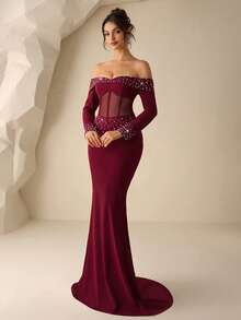 Coutiva Women's Elegant Off-Shoulder Pearl Embellished Mermaid Gown,Luxury Rhinestone Sequin Burgundy Formal Evening Dress For Wedding,Party,Ball&Graduation - Burgundy - View 6