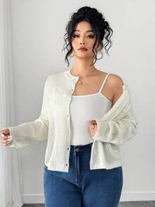 Dazy Plus Áo khoác cardigan dệt jacquard dáng rộng, phong cách thường ngày dành cho nữ cỡ lớn, mùa xuân/thu. - trắng - Xem 2