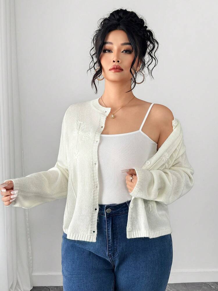 Dazy Plus Jacquard Knit Loose Cardigan, Casual Plus Size Women Spring/Autumn