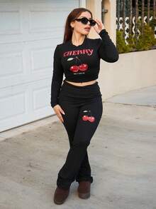 Lupita Cardoza Ropa de otoño 2025 para mujer/Ropa de invierno para mujer/Conjuntos de 2 piezas para mujer/Jeans acampanados/Blusas de manga larga/Pantalones de yoga de cuello redondo simple y manga larga/Top corto plisado/Pantalones anchos de pierna ancha/Pantalones acampanados/Traje de dos piezas para mujer/Gráfico de cereza/Ropa Y2K/Ropa urbana/Blusas para salir para mujer - Negro - Ver 6